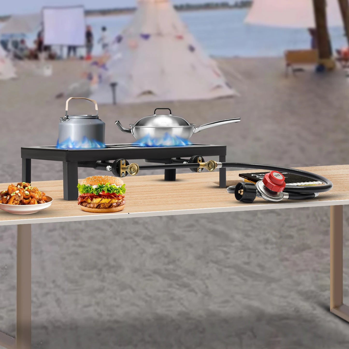 Portable Double Burner Outdoor Gas Stove Propane Cooker With Adjustable Regulator Hose For Patio Camping BBQ