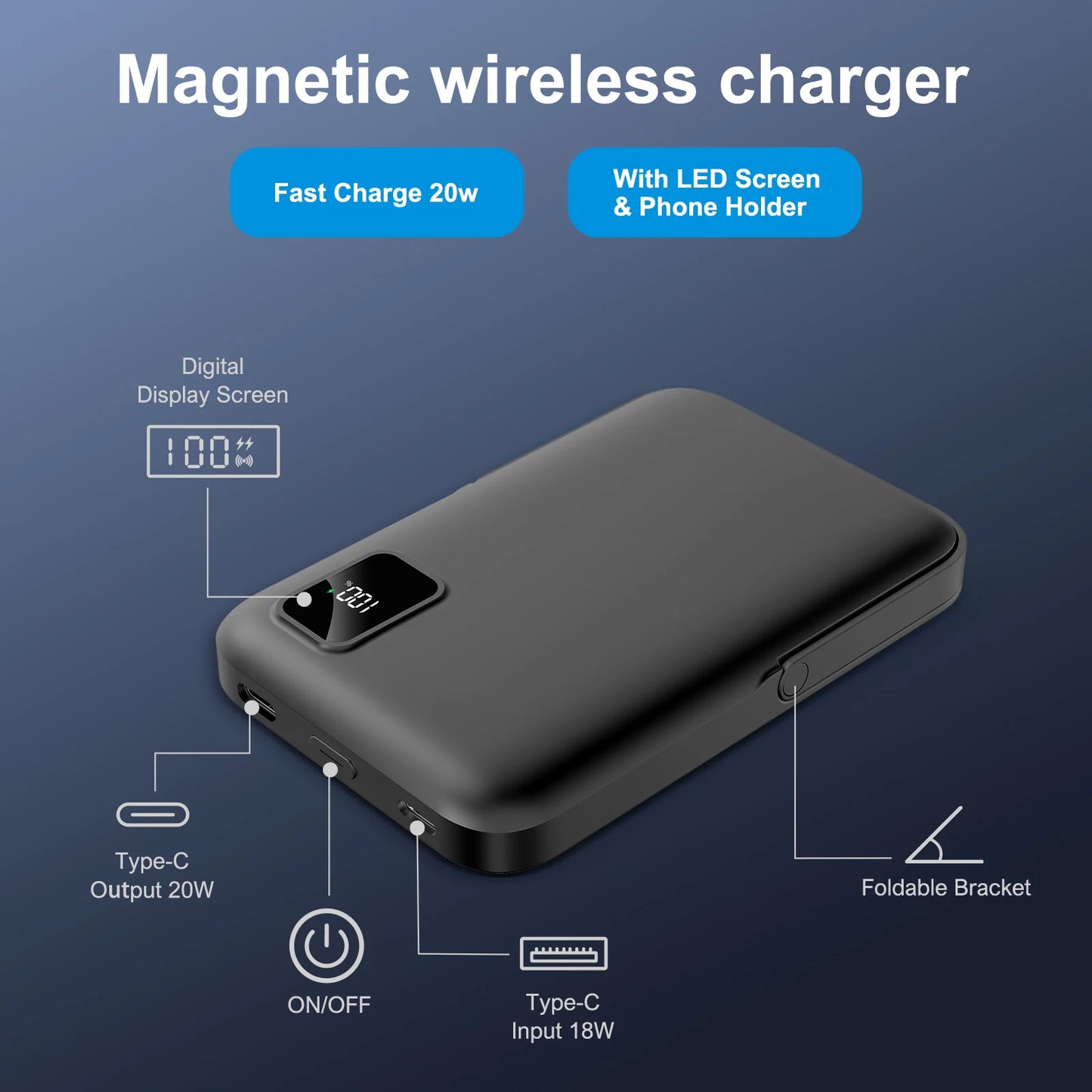 Magnetic Power Bank 10000mAh Wireless Charger 20W Charge