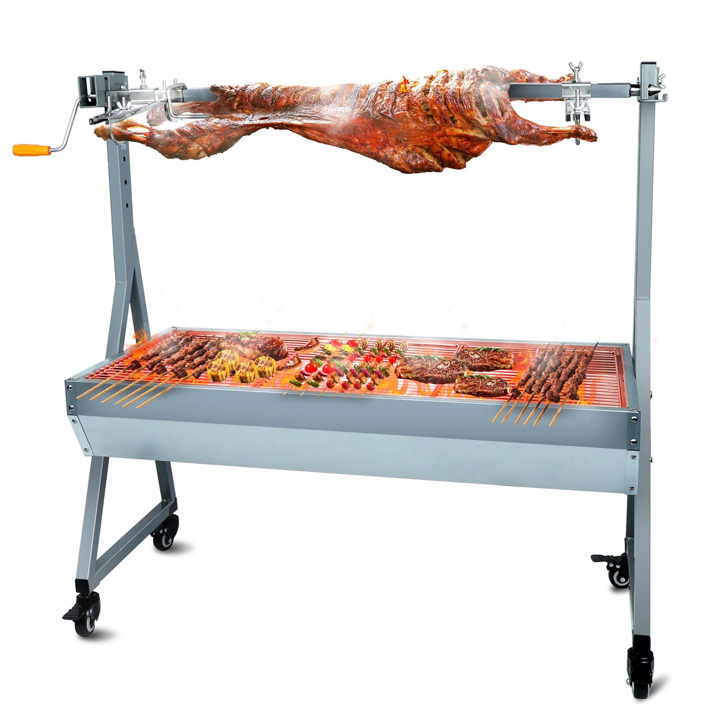 25W Motor Small Pig Lamb Rotisserie Roaster 60kg BBQ Charcoal Rotisserie Grill for Camping Outdoor Kitchen