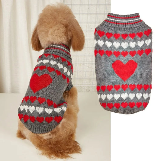 Warm Valentine Heart Jacquard High Collar Dog Sweater Red