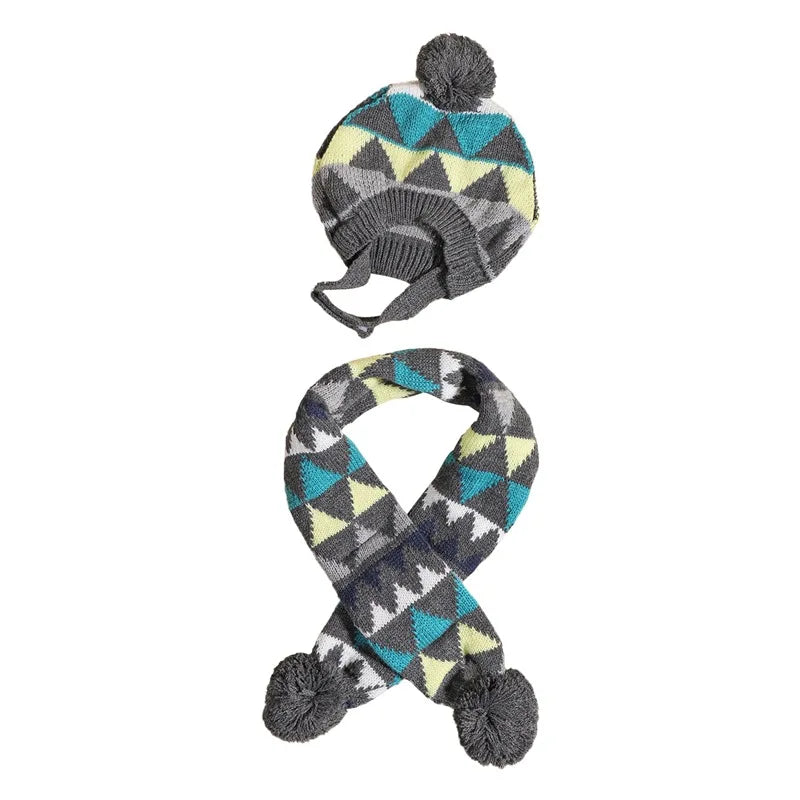 Warm Knitted Dog Scarf Hat Set Christmas Plaid Snowflake Pom Pom
