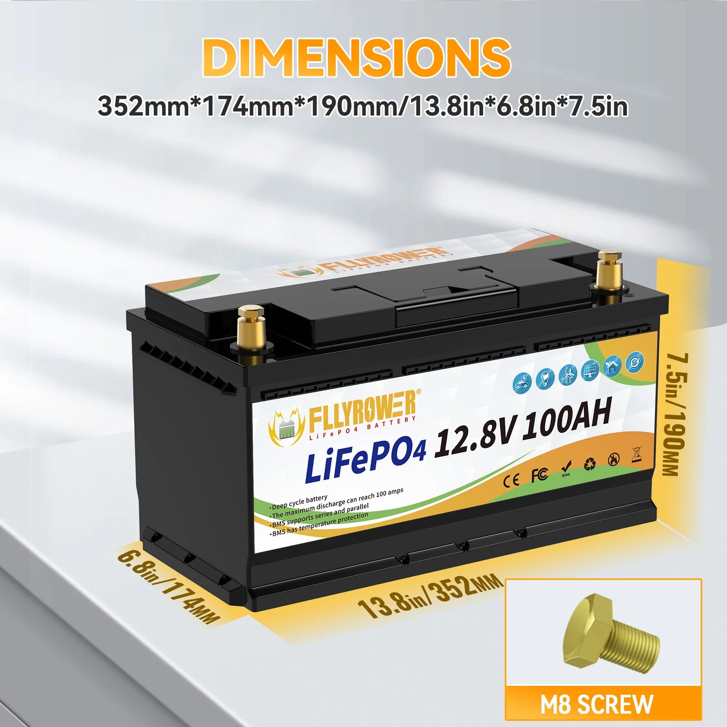 FLLYROWTH 12V 100Ah LiFePo4 Lithium Battery Pack 100A BMS For RV Boat Motors Inverter Solar Wind
