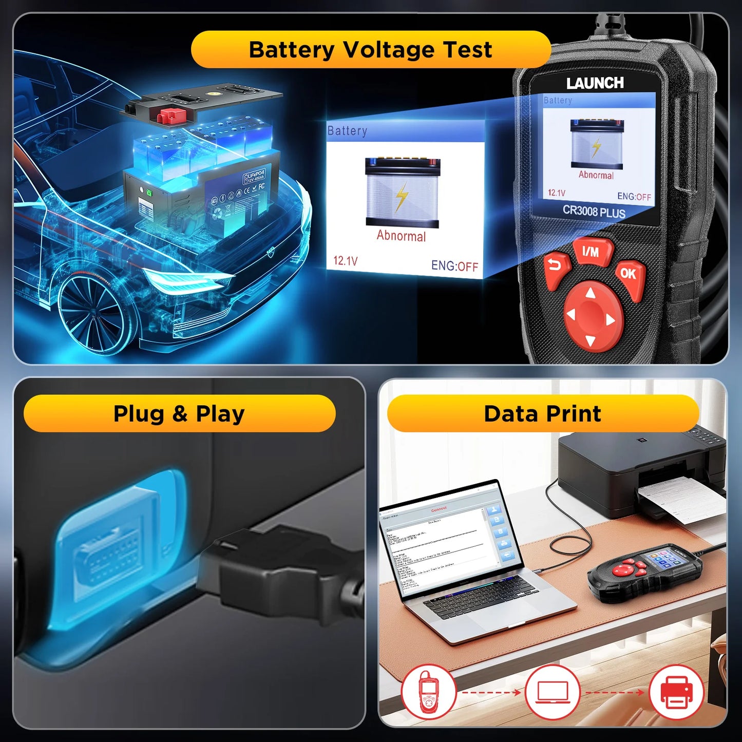 Launch CR3008 Plus OBD2 Scanner Engine Battery Diagnostics