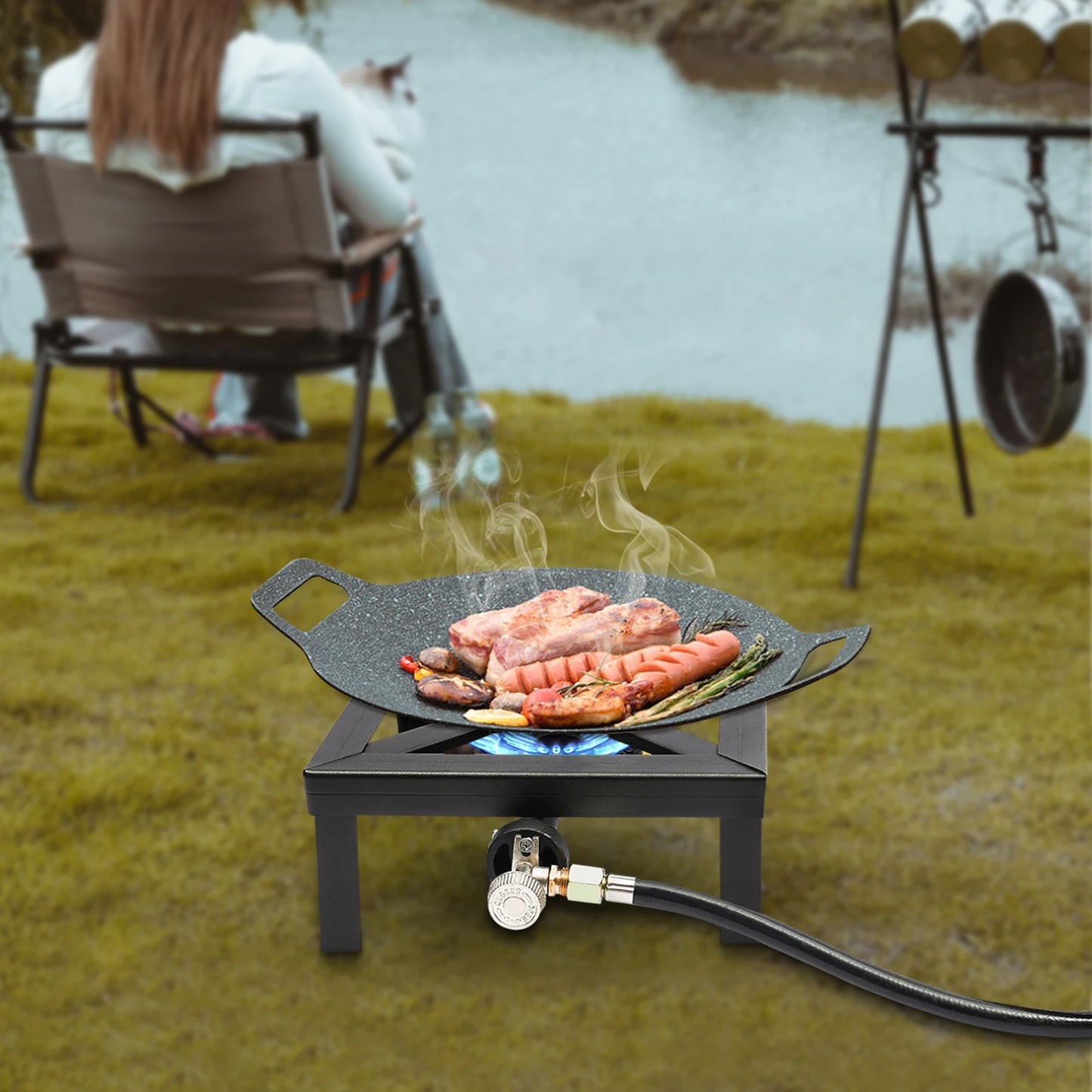 Portable Single Burner Outdoor Gas Stove Propane Cooker With Adjustable Regulator Hose For Patio Camping