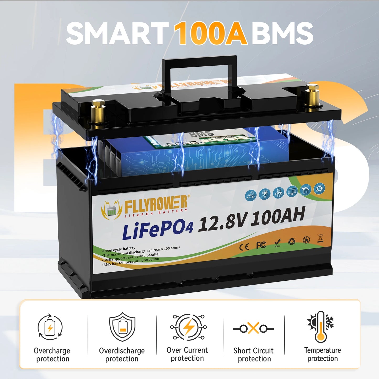 FLLYROWTH 12V 100Ah LiFePo4 Lithium Battery Pack 100A BMS For RV Boat Motors Inverter Solar Wind
