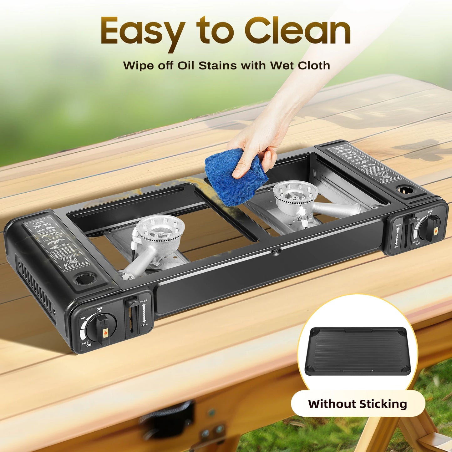 2 In 1 2 Burner Portable Camping Stove Butane Camping Stove Kit with Baking Pan and Carrying Case Auto Ignition Camping Burner LPG