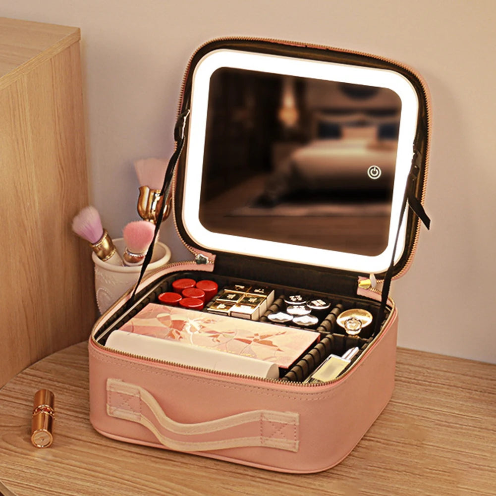 Smart LED Cosmetic Case With Mirror PU Leather Travel Bag