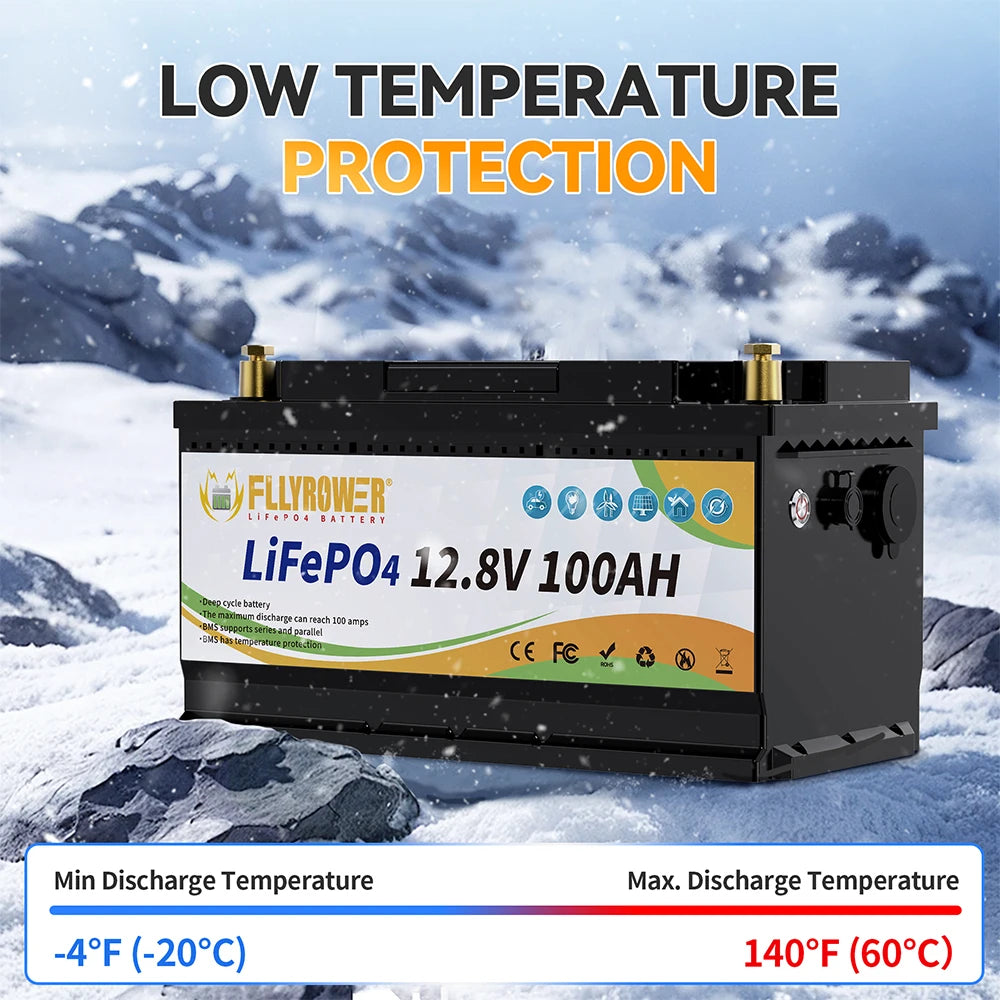 FLLYROWTH 12V 100Ah LiFePo4 Lithium Battery Pack 100A BMS For RV Boat Motors Inverter Solar Wind