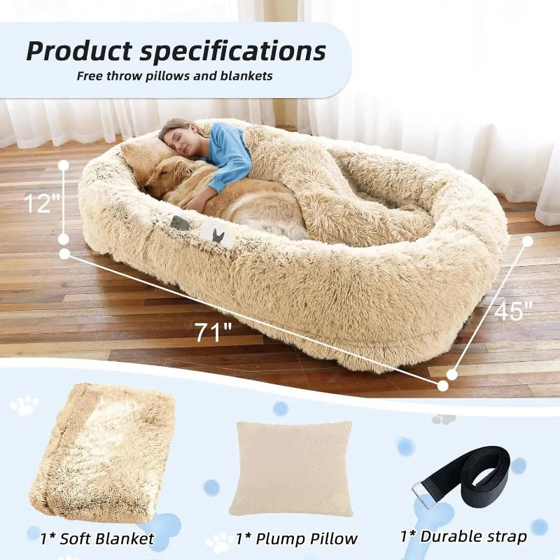 Human Dog Bed 71 Inch Orthopedic Faux Fur Washable Beige