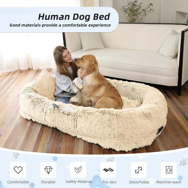 Human Dog Bed 71 Inch Orthopedic Faux Fur Washable Beige