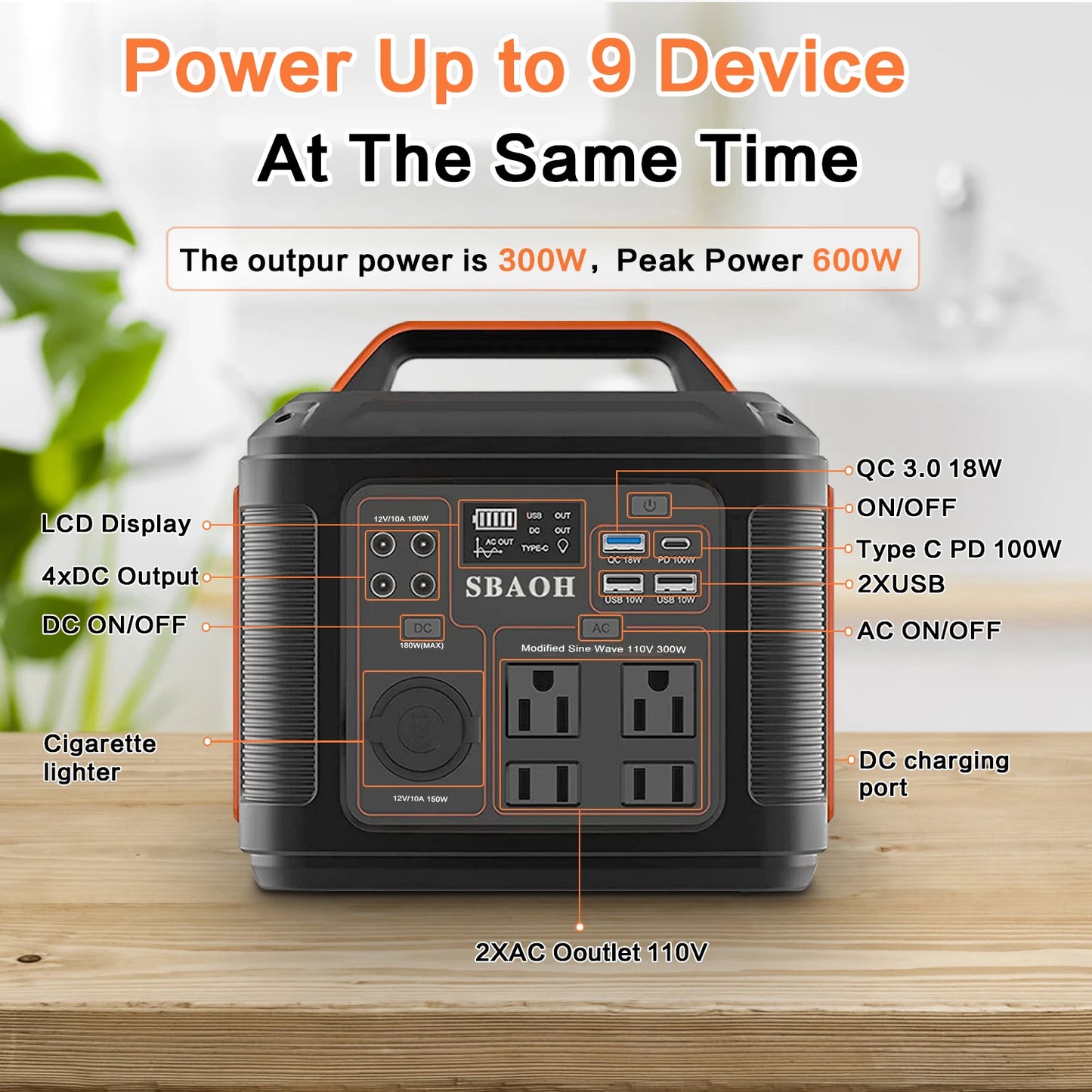 Portable Power Station 300W 296Wh Solar Generator Quick Charge 110V AC Outlets DC Ports LED Flashlight Lithium Battery CPAP Compatible