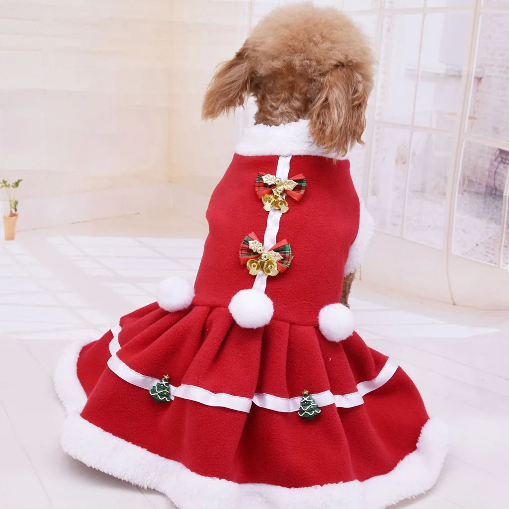 Red Velvet Bow Bell Dog Christmas Dress for Autumn Winter