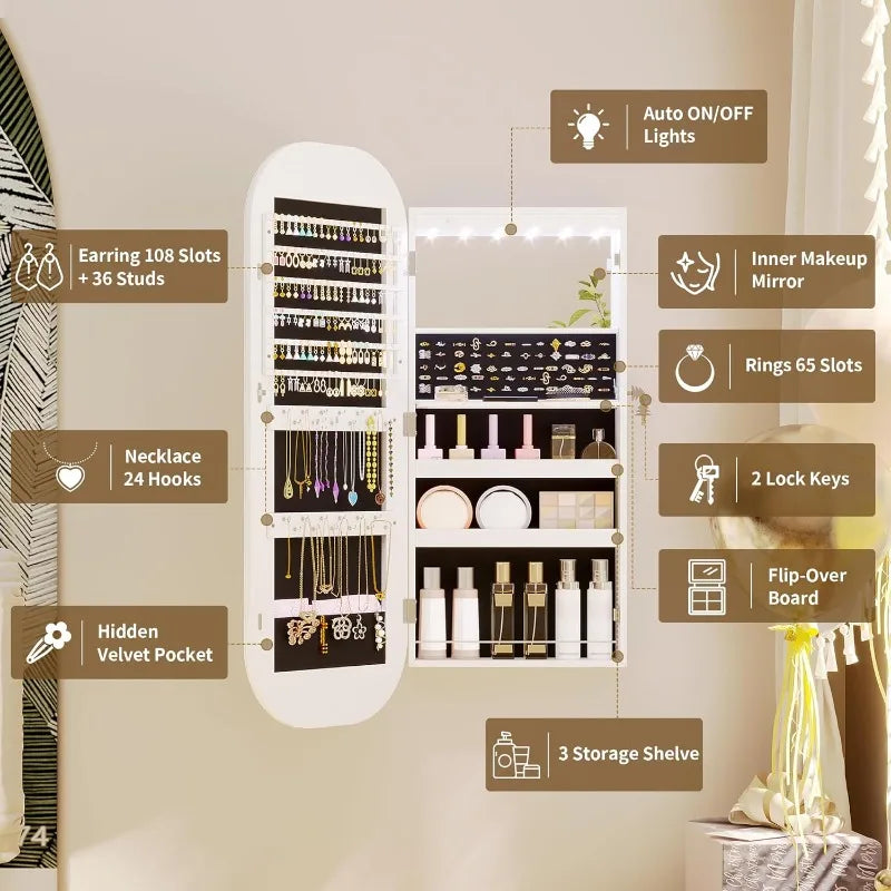 LED Mirror Jewelry Cabinet Wall Mount Armoire Lockable