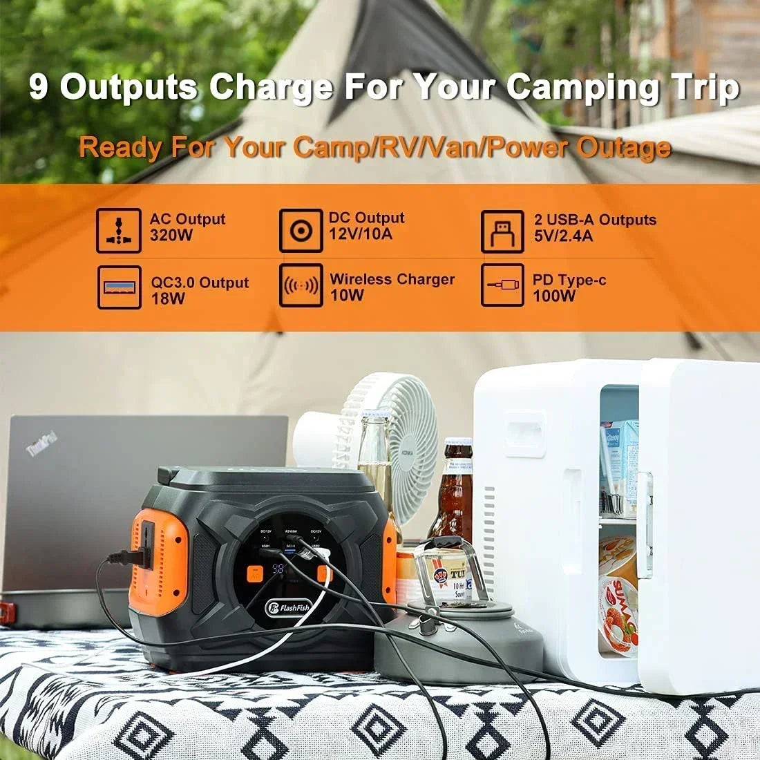 80A Portable Power Station 292W Emergency Solar Generator Battery Pack Wireless Charging for Camping Laptop RV