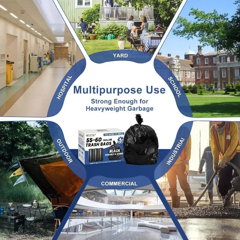 55-60 Gal Heavy Duty Trash Bags 2.1MilBlack Unscented 100 Ct