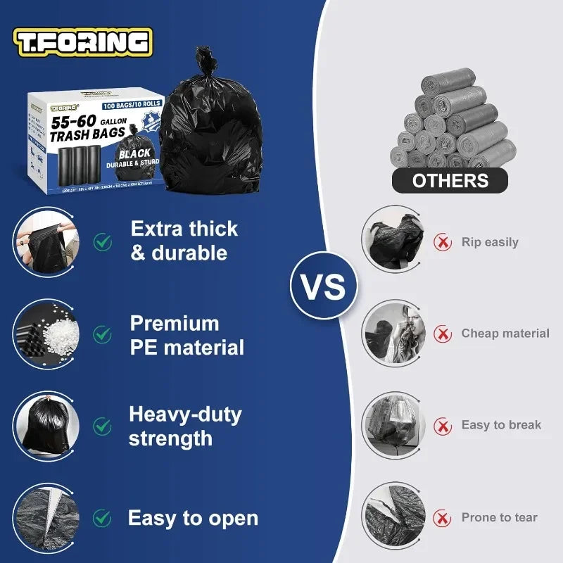 55-60 Gal Heavy Duty Trash Bags 2.1MilBlack Unscented 100 Ct