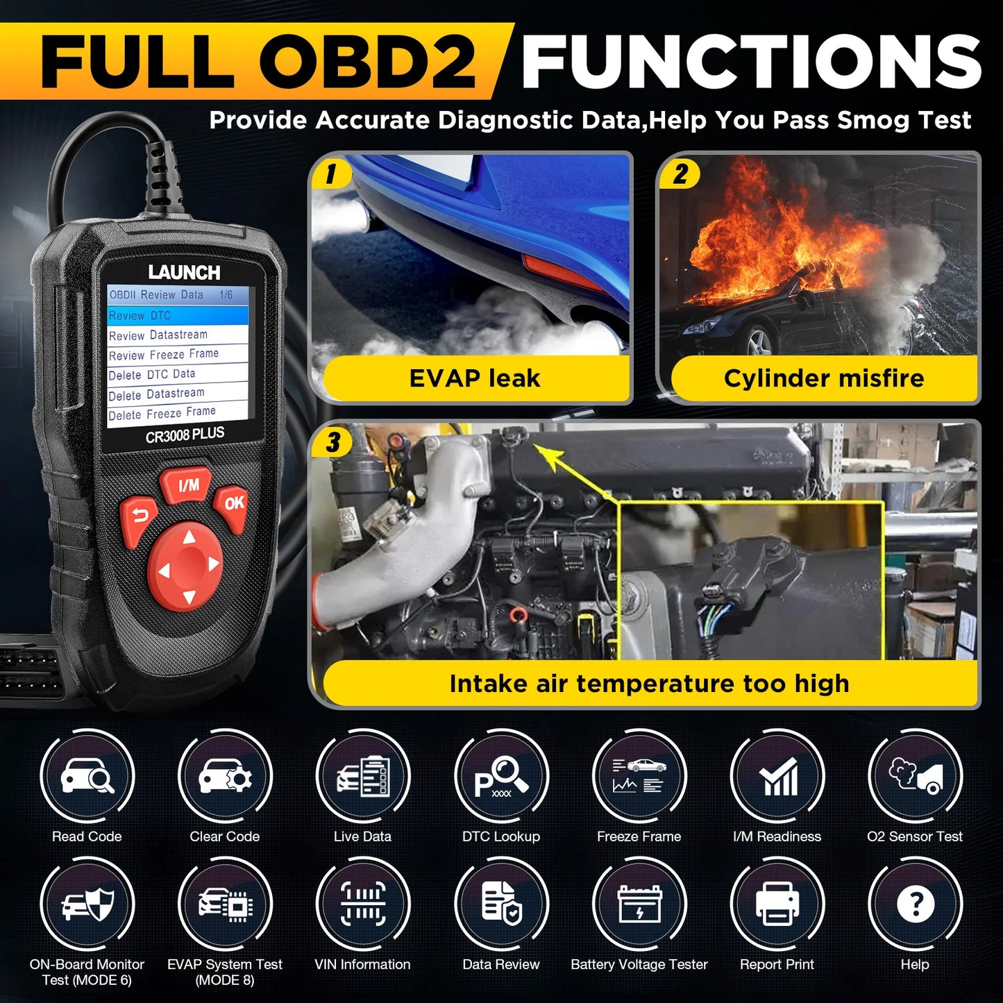 Launch CR3008 Plus OBD2 Scanner Engine Battery Diagnostics