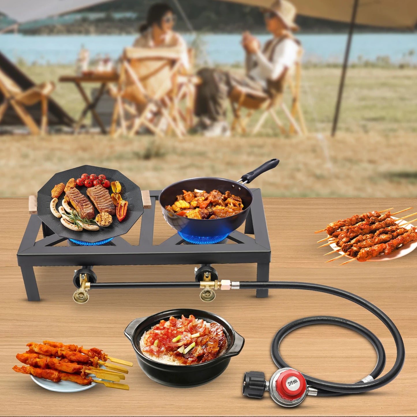 Portable Double Burner Outdoor Gas Stove Propane Cooker With Adjustable Regulator Hose For Patio Camping BBQ