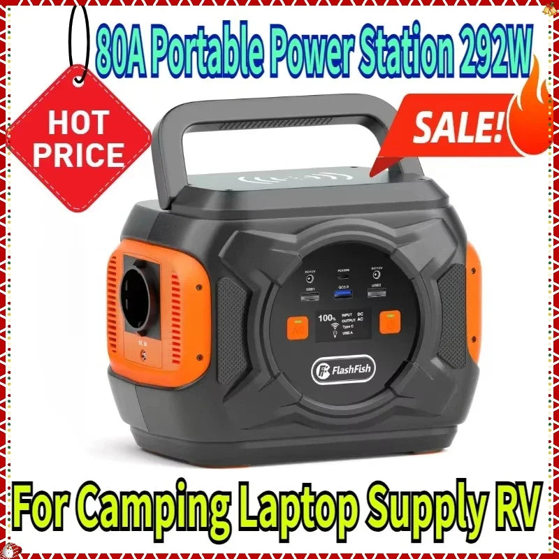 80A Portable Power Station 292W Emergency Solar Generator Battery Pack Wireless Charging for Camping Laptop RV
