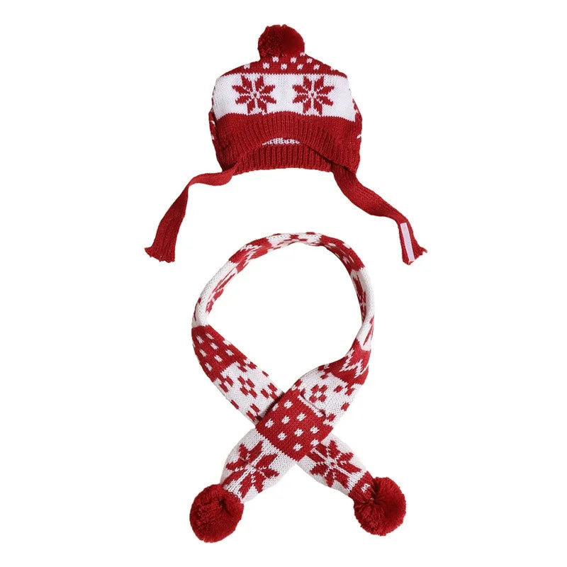 Warm Knitted Dog Scarf Hat Set Christmas Plaid Snowflake Pom Pom