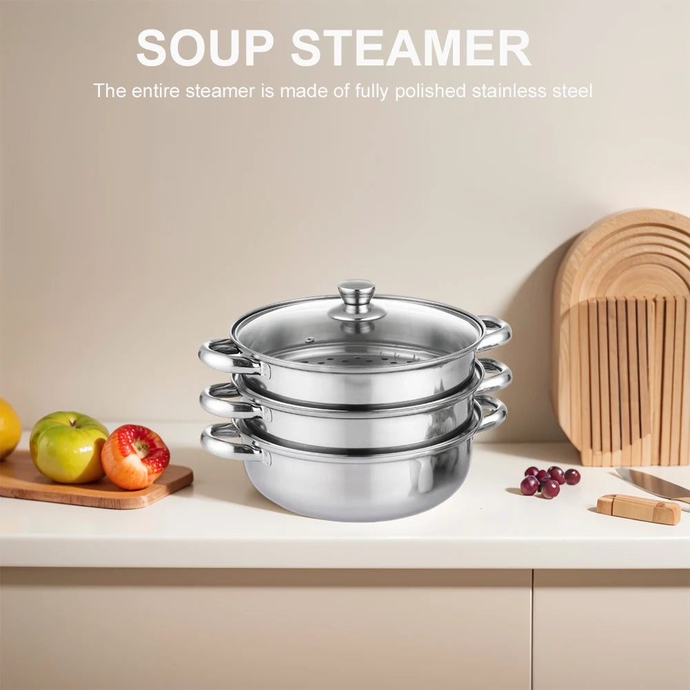 3 Tier Steamer Pot With Lid Multipurpose Stainless Steel