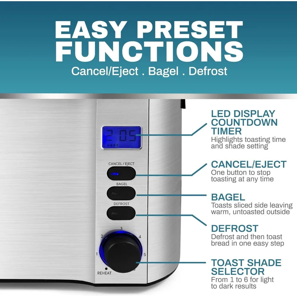 Long Slot 4 Slice Toaster with Countdown Timer and 6 Settings - Ultimate Objects