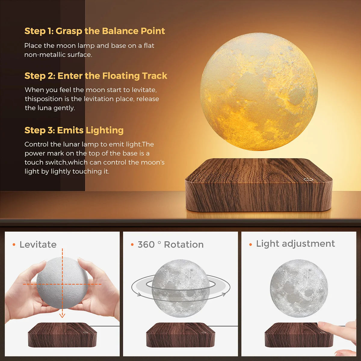 Magnetic Floating Moon Lamp With Base 3D LED Night Light