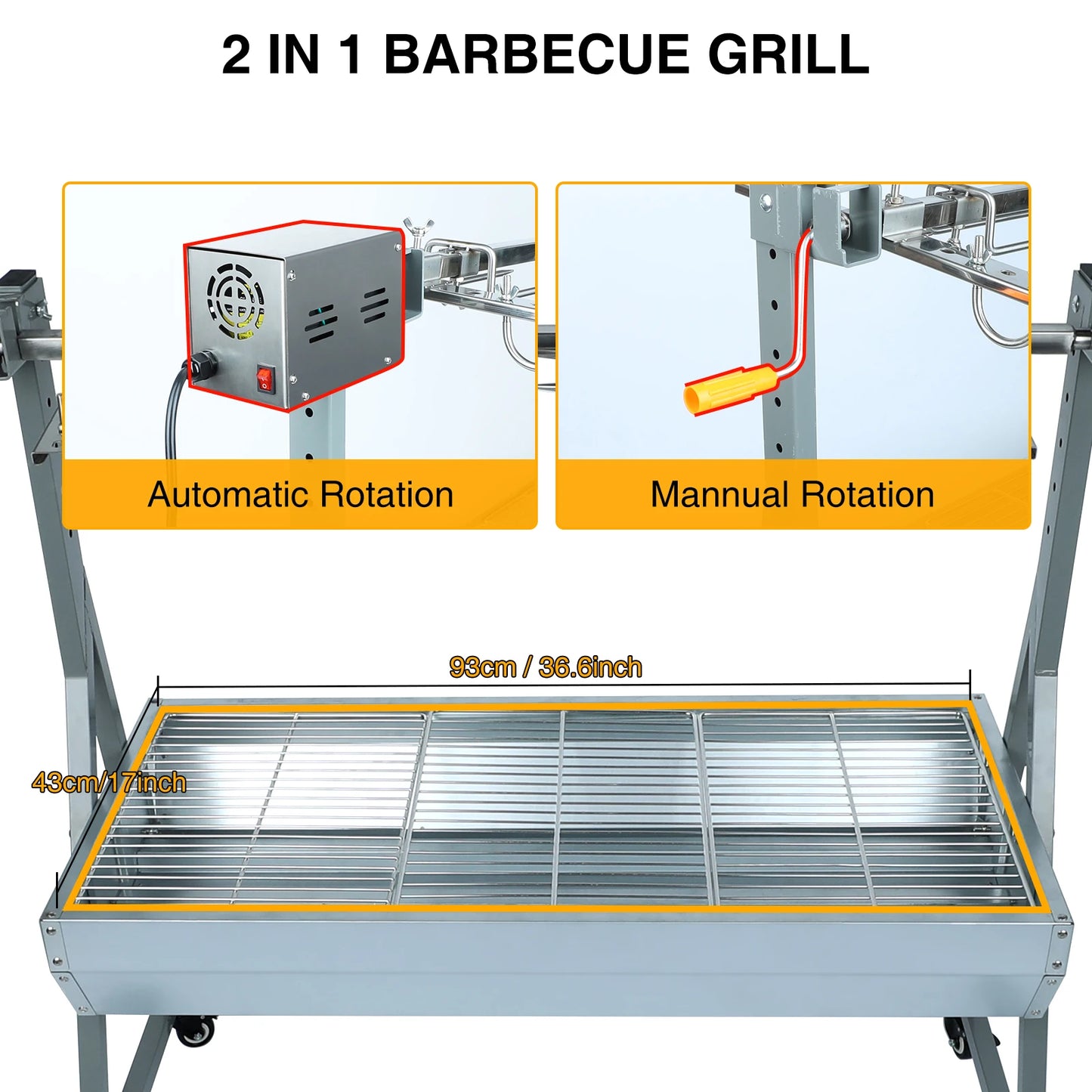 25W Motor Small Pig Lamb Rotisserie Roaster 60kg BBQ Charcoal Rotisserie Grill for Camping Outdoor Kitchen