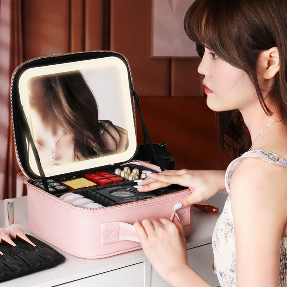 Smart LED Cosmetic Case With Mirror PU Leather Travel Bag