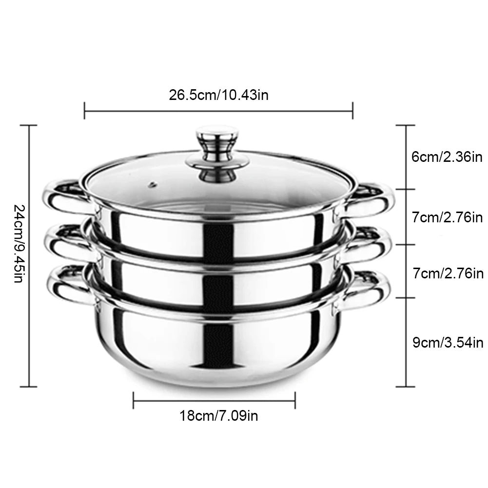3 Tier Steamer Pot With Lid Multipurpose Stainless Steel