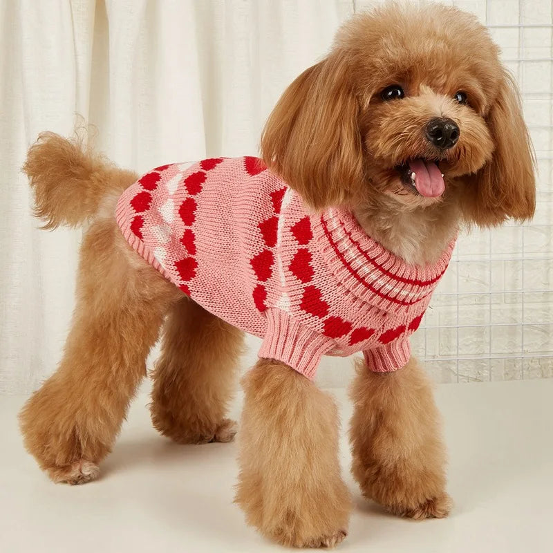 Valentine Heart Jacquard High Collar Dog Sweater Red Grey