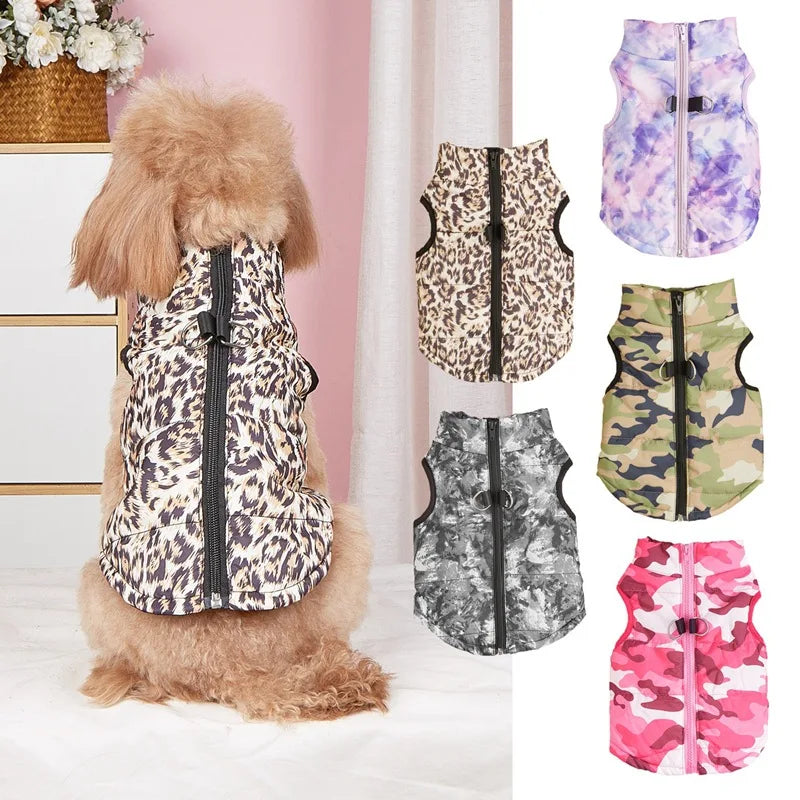 Winter Pet Vest Warm Padded Camouflage Leopard Leash Hole