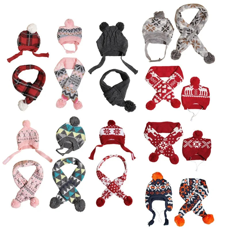 Warm Knitted Dog Scarf Hat Set Christmas Plaid Snowflake Pom Pom