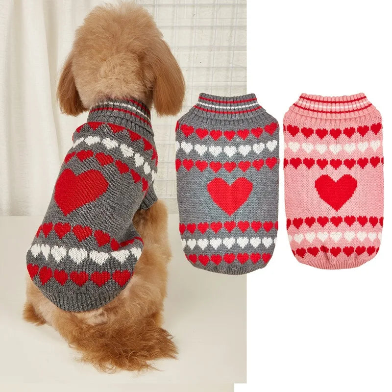 Valentine Heart Jacquard High Collar Dog Sweater Red Grey