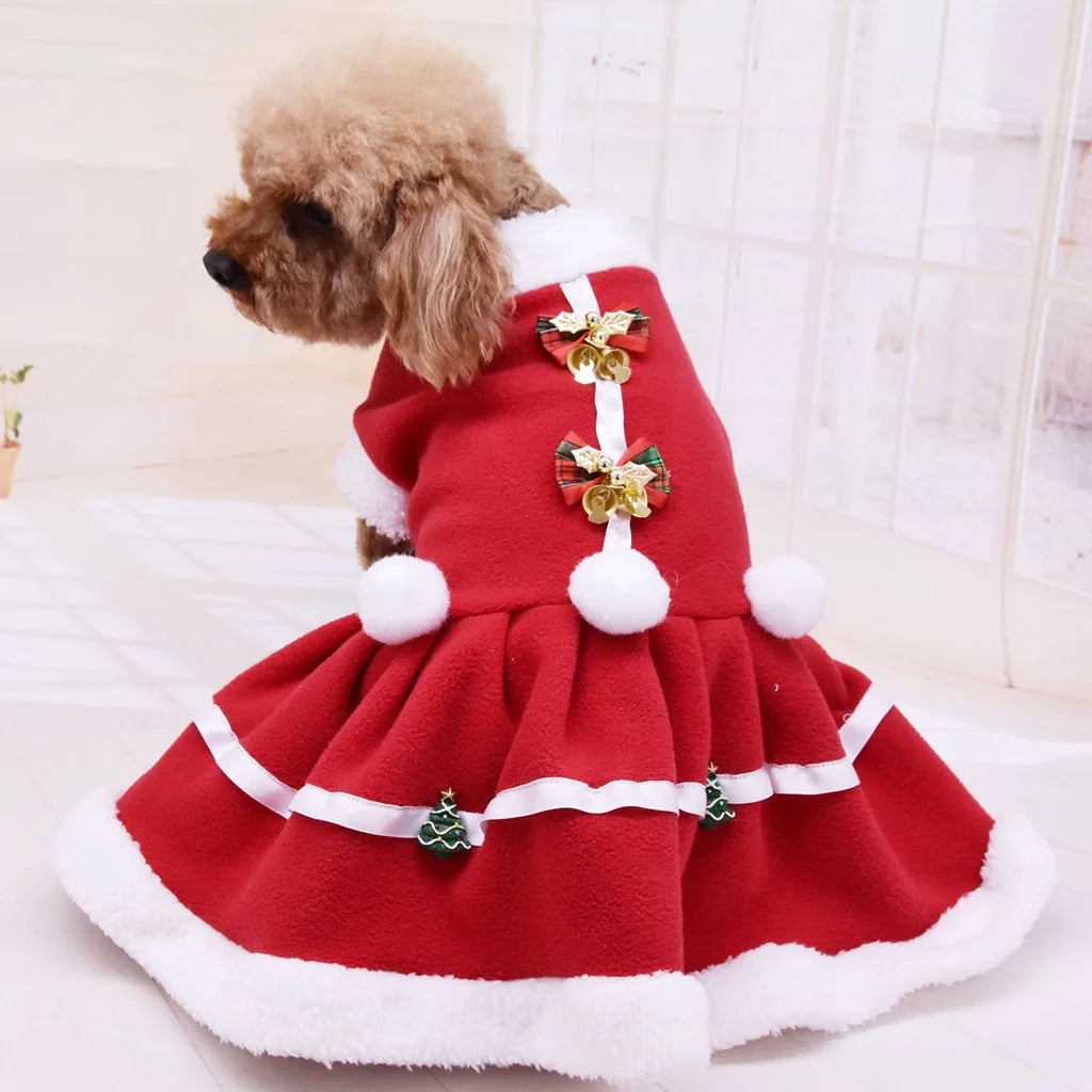 Red Velvet Bow Bell Dog Christmas Dress for Autumn Winter